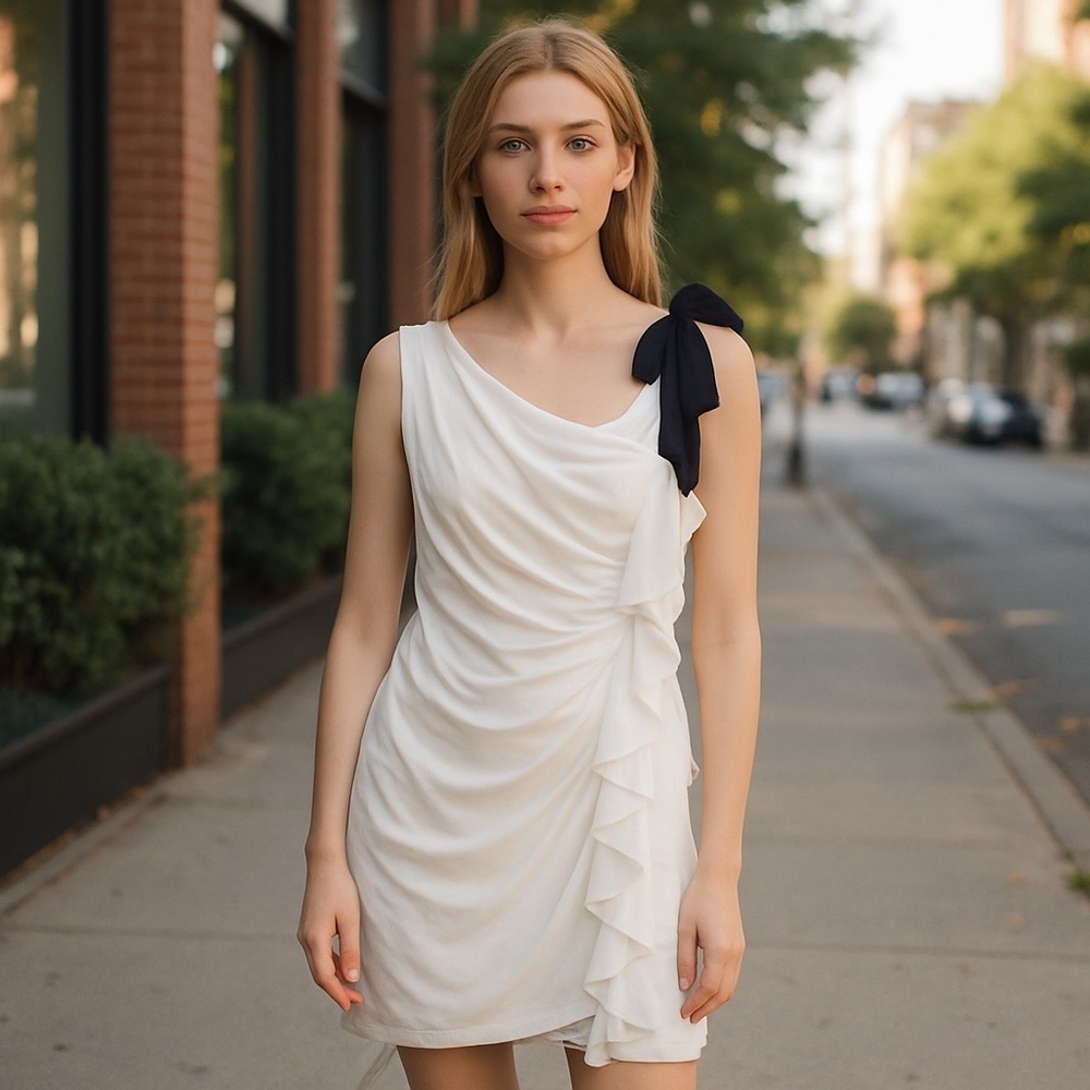 Elegant Forever 21 White Dress with Black Bow Accent NWOT